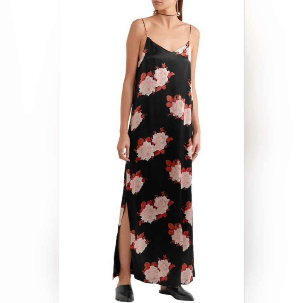GANNI Floral-print Satin Maxi Slip Dress Size 40 US Size 8